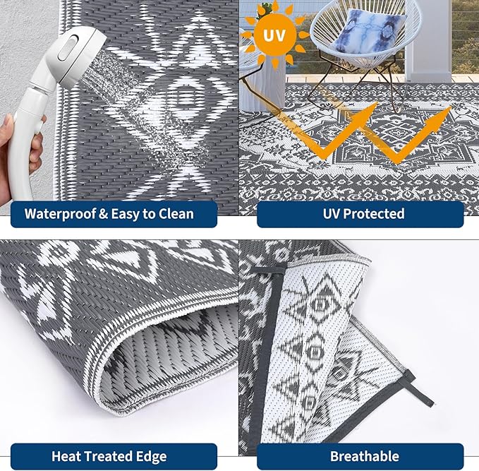 GAOMON Outdoor Patio Rug 9x12 Waterproof Reversible Plastic Straw Rug, Large UV-Resistant Portable RV Camping Mats, Indoor Outdoor Rugs for Outside Deck Porch Garden RV, Gray & White