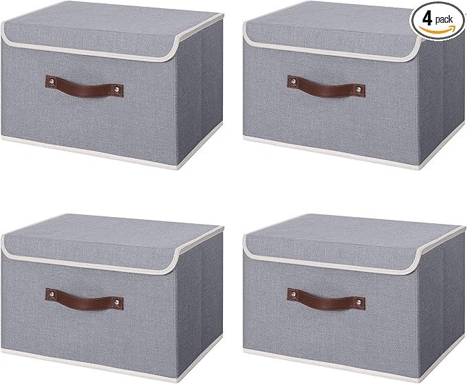 ANMINY 4PCS Storage Bins with Lid PU Leather Handles Storage Boxes PP Plastic Board Decorative Foldable Lidded Cotton Linen Fabric Home Cubes Baskets Closet Organizer Containers - Gray, Large Size