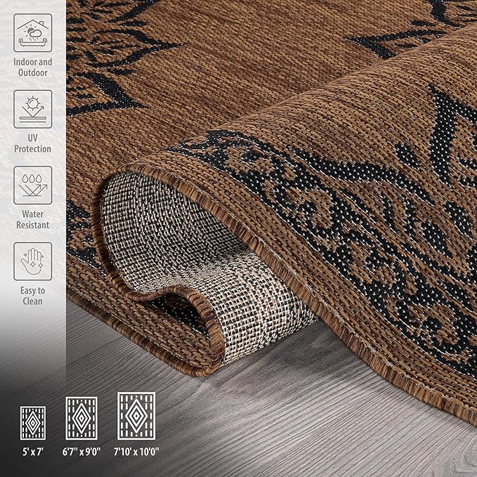 CAMILSON Outdoor Rug, 9x12 Medallion Nut Brown Black Modern Area Rugs for Large Indoor and Outdoor Patios, Kitchen and Hallway Mats, Washable Porch Deck Outside Carpet (Nut Brown Black, 9 x 12)