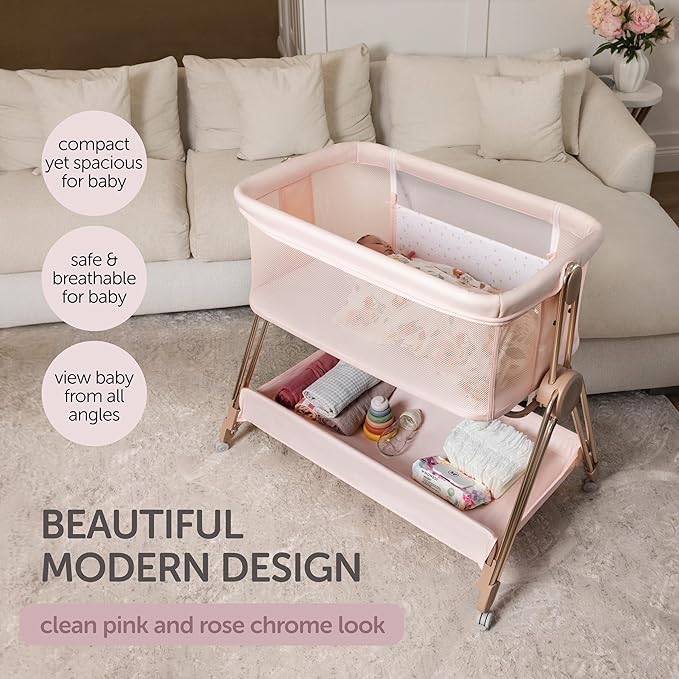 Baby Bedside Sleeper - Bassinet & Bedside Crib with Height Adjustment & Wheels - Can Be Placed Next to Bed - Attaches to Parents Bed - Easy to Fold & Carry Bassinet for Girls (Pink)