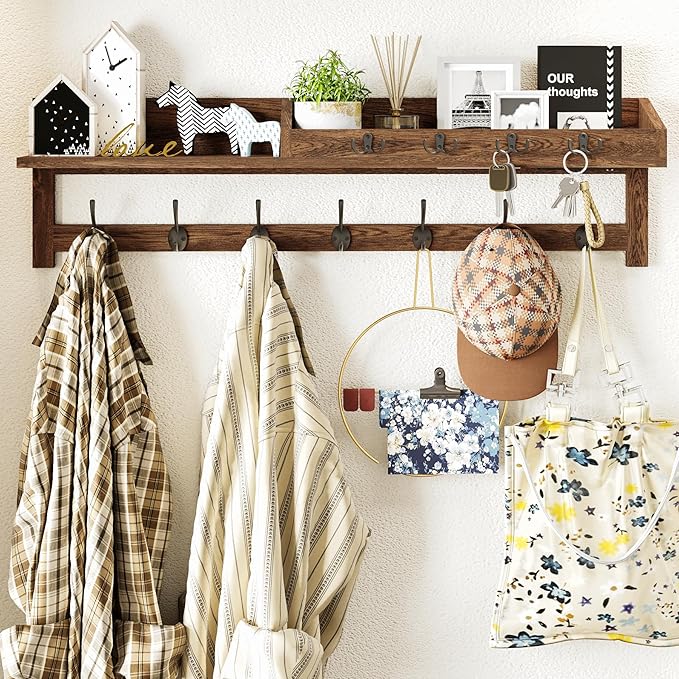 AMBIRD Coat Rack Wall Mount, 35 inch Large Wall Hooks with Shelf, Entryway Shelf with 7 Dual Coat Hooks 4 Key Hooks Mail Organizer, Wooden Coat Hanger and Key Holder Wall Mount
