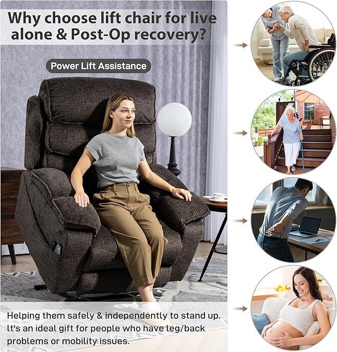 27in Extra Wide Power Lift Recliner Chair for Big Tall with Extended Footrest Heat Massage, Oversized Electric Lift Recliner Chairs for Adults Elderly Seniors, Arm Storage & Cup Holders