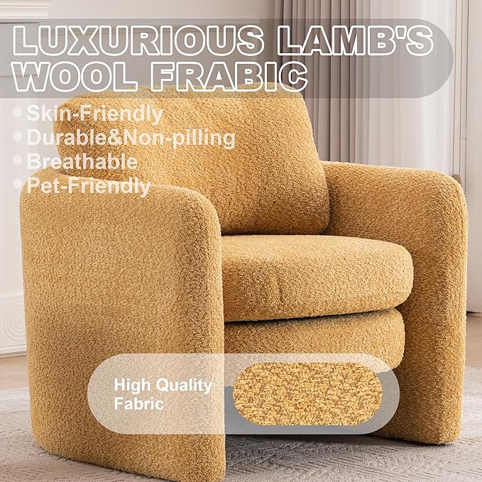Chenille Accent Armchair Oversize Upholstered Barrel Comfy Modern Round Lounge Sofa Chair with Pillow Cozy Reading Chairs for Apartment,Office,Living Room,Dining,Makeup,Club,Yellow