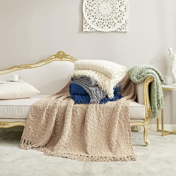 Amélie Home Knit Throw Blanket with Tassels for Couch, Luxury Boho Throw Blanket for Summer Ivory, 50"x60"
