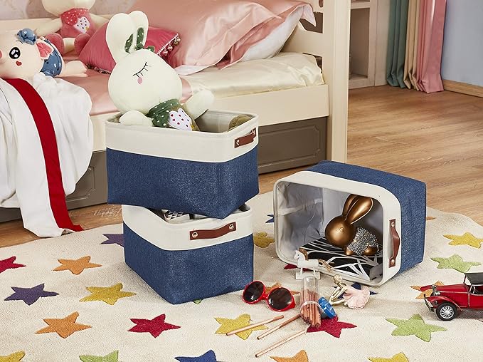 DECOMOMO Storage Baskets for Shelves - Fabric Closet Organizers and Storage Bins, Perfect Baskets for Organizing Closet Toys Nursery (Navy Blue and White, XL - 3 Pack)