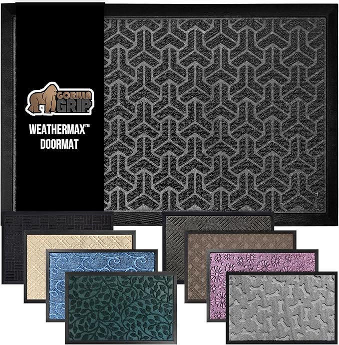 GORILLA GRIP 100% Waterproof All-Season WeatherMax Doormat, 72x24, US Designed Natural Rubber, Stain and Fade Resistant, Low Profile Indoor Outdoor Door Mats, Easy Clean Patio Mat, Slate Geometric