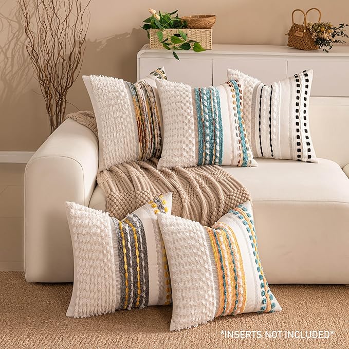 Boho Chenille Tufted Couch Throw Pillow Covers 18x18 Inch Set of 2 Farmhouse Striped Decorative Pillow Covers Accent Neutral Pillowcase Yellow Teal Cushion Cover for Living Room Sofa Bed