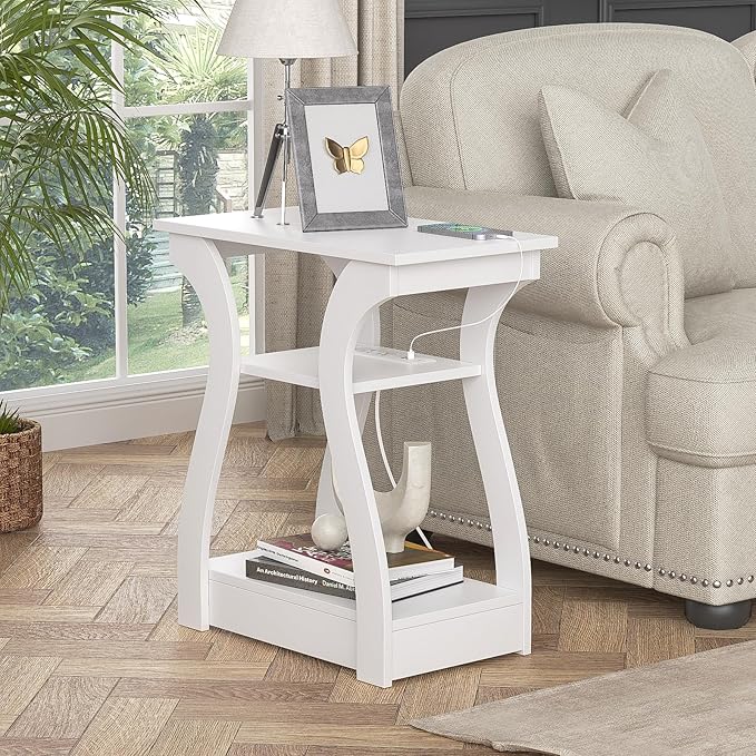 End Tables Living Room, White End Table with Charging Station,White Side Table, Nightstand for Bedroom, 3 Tier End Table with Storage Shelf for Living Room