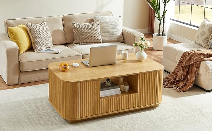 46.5" Oval Coffee Table with Drawers and Storage Mid Century Modern Fluted Solid Wood Side Coffee Tables, Luxury Tea Table Center Table for Living Rooms Offices Apartmen, Natural