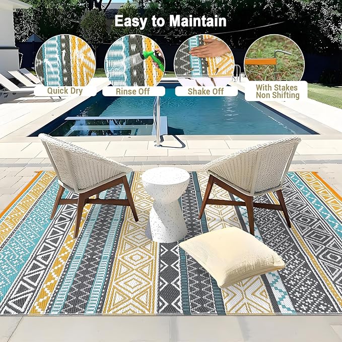 GAOMON Outdoor Rug 9'x12' Waterproof Rug for Patio Decor, Foldable Reversible Plastic Straw Area Rugs Mat for Camper, Outside Carpet for Deck, Porch, Picnic, Beach, Teal/Yellow(Bohemia)