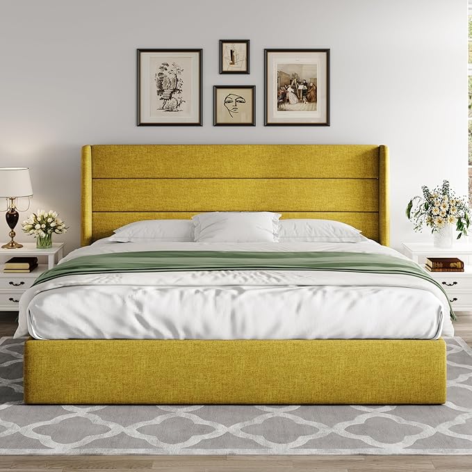 Allewie King Size Lift Up Storage Bed, Modern Wingback Headboard, Hydraulic Support, No Box Spring Needed, Olive Yellow