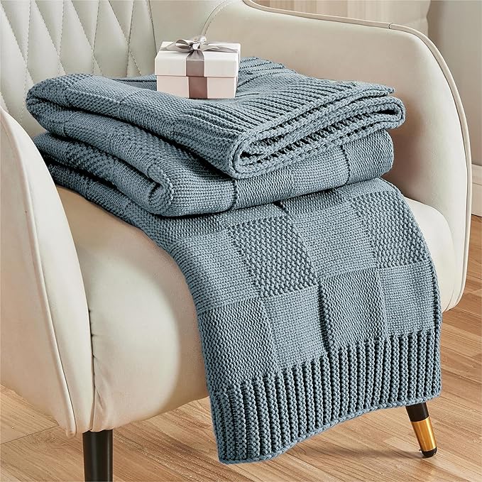 CozeCube Check Knit Throw Blanket, Dusty Blue Checkered Throw for Couch, Decorative Christmas Soft Cozy Warm Knitted Blanket for Bed Sofa Living Room, 60"X80"