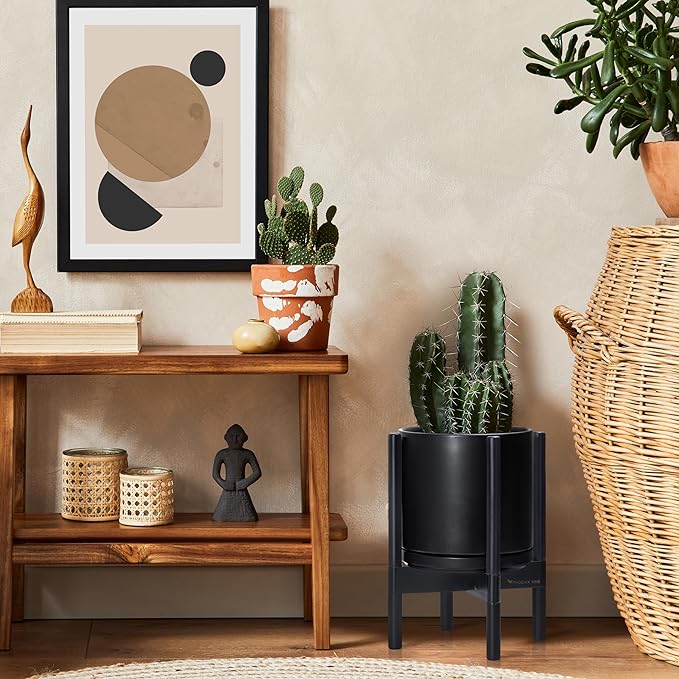 D'vine Dev Ceramic Planter with Ebony Stand - 10 Inch Modern Round Flower Pot with Wood Planter Holder, Black, 55-B-L-2