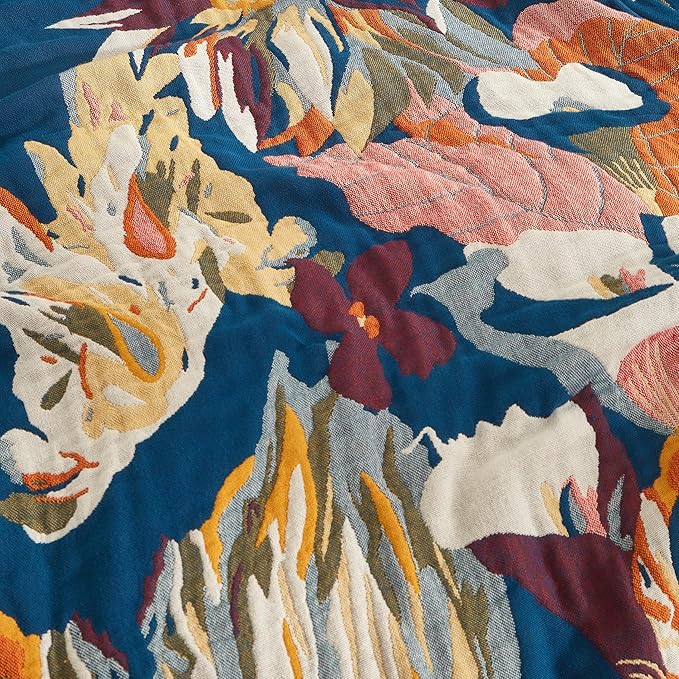 Boho Throw Blanket for Bed 80”x90”, 100% Cotton Woven Blanket for Couch Sofa, Ultra Soft 4-Layer Muslin Quilt with Vintage Floral Printed, Farmhouse Bed Blanket/Cover for Living Room Decor