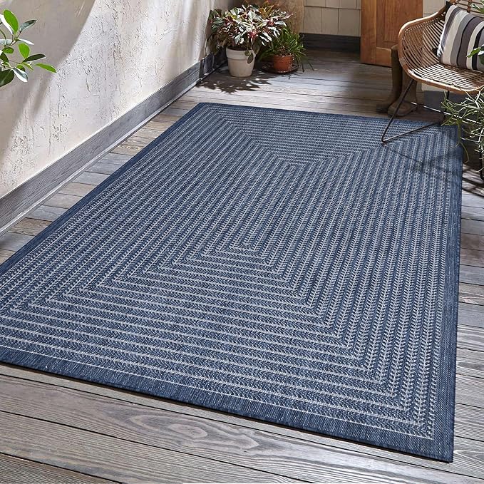 Adiva Rugs Outdoor Indoor Area Rug, Weather Resistant, Easy to Clean, Stain Resistant Floor Mat for Dining Room, Backyard, Deck, Patio (Navy Weiss, 6' x 9')