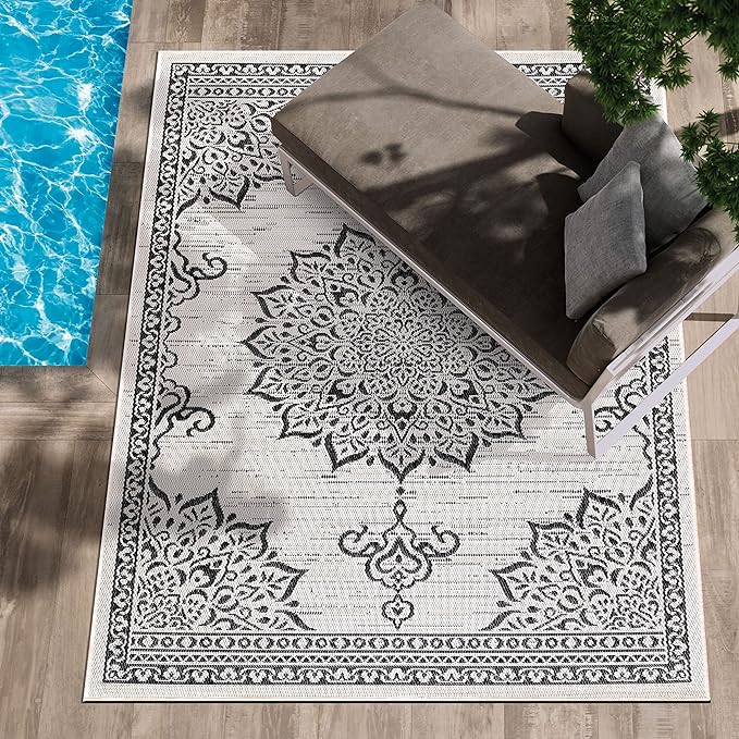 CAMILSON Outdoor Rug, 8x10 Medallion White Black Modern Area Rugs for Indoor and Outdoor Patios, Kitchen and Hallway Mats, Washable Porch Deck Outside Carpet (Medallion White, 8 x 10)