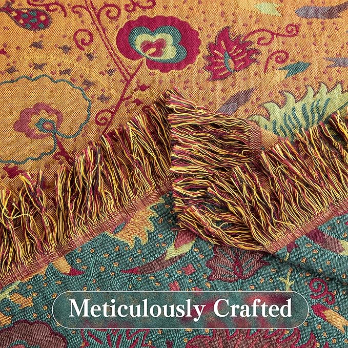 Boho Throw Blanket Full Size, Extra Large Soft Cozy Cotton Muslin Quilt Blanket for Bed Decor, Floral Patterned Couch Sofa Chair Cover, Vintage Farmhouse Cottage Woven Blanket, Green&Orange