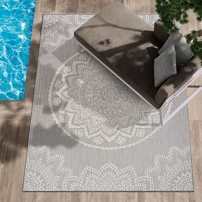 CAMILSON Outdoor Rug 5x7 Modern Area Rugs for Indoor and Outdoor Patios and Porches - Waterproof, Washable, Non-Shedding, Easy-to-Clean Outside Carpet (5 x 7, Medallion - Grey/White)