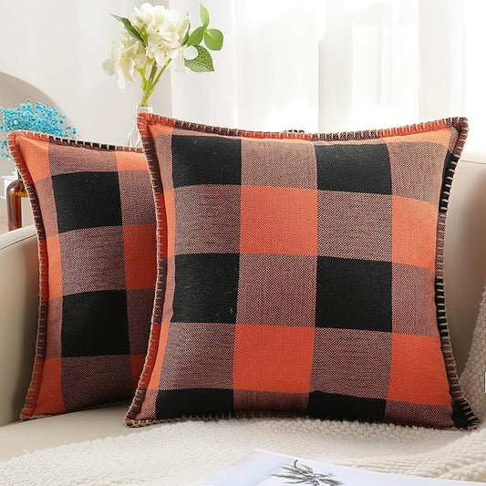 decorUhome Fall Orange and Black Decorative Throw Pillow Covers 22x22 Set of 2, Buffalo Plaid Check Farmhouse Cushion Covers with Stitched Edge for Autumn Harvest Couch Sofa Bed Home Decor
