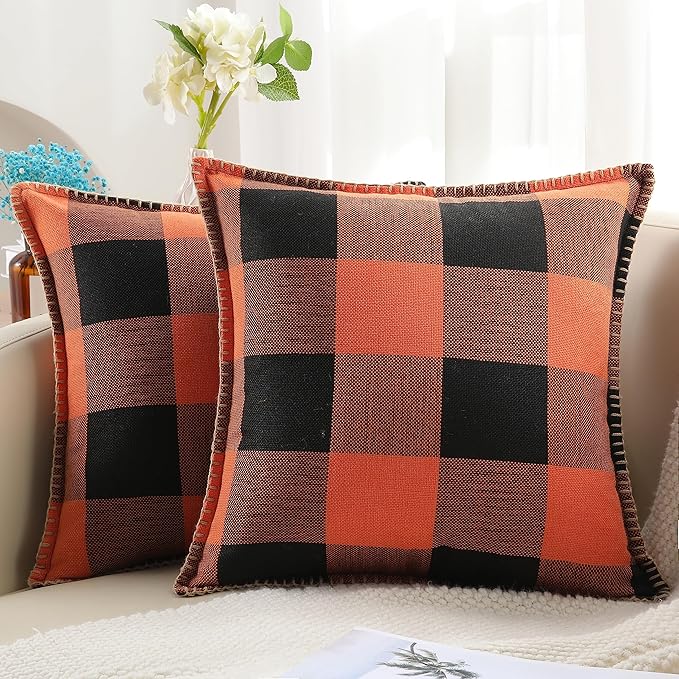 decorUhome Fall Orange and Black Decorative Throw Pillow Covers 16x16 Set of 2, Buffalo Plaid Check Farmhouse Cushion Covers with Stitched Edge for Autumn Harvest Couch Sofa Bed Home Decor