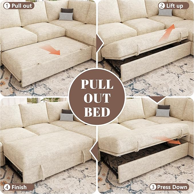 85 Inch Sectional Sleeper Sofa with Pull Out Bed,L Shaped 5 Seat Modular Sectional Sofa with Storage,Sectional Couches for Living Room,Cloud Modular Couch,Removable Sofa Cover,Beige