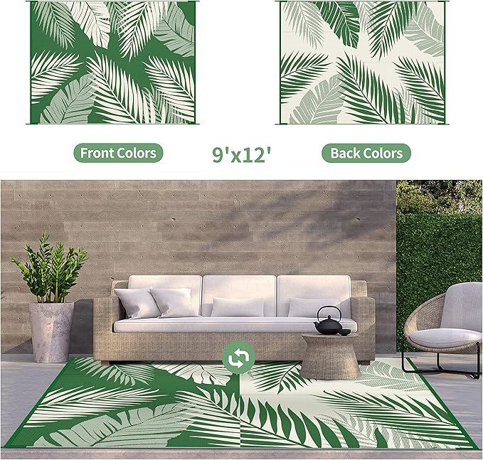 GENIMO Outdoor Rug 9' x 12' Waterproof for Patios Clearance, Reversible Outdoor Plastic Straw Camping Rug Carpet, Large Area Rugs Mats for RV, Picnic, Backyard, Deck, Balcony, Porch, Dark Green&White