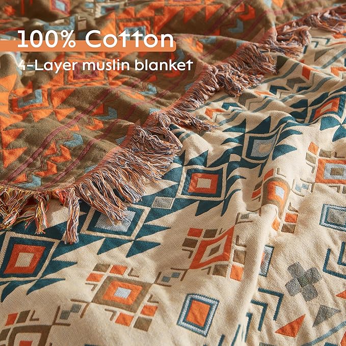 Boho Throw Blanket for Bed 60”x80”, 100% Cotton Woven Blanket for Couch Sofa, Ultra Soft 4-Layer Muslin Quilt with Diamond Pattern, Farmhouse Bed Blanket/Cover for Living Room Decor