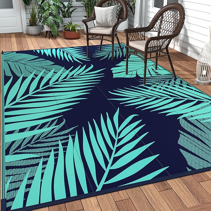GENIMO Outdoor Rug 6' x 9' Waterproof for Patios Clearance, Reversible Outdoor Plastic Straw Camping Rug Carpet, Large Area Rugs Mats for RV, Camper, Deck, Balcony, Porch, Beach, Navy Blue&Jade Green