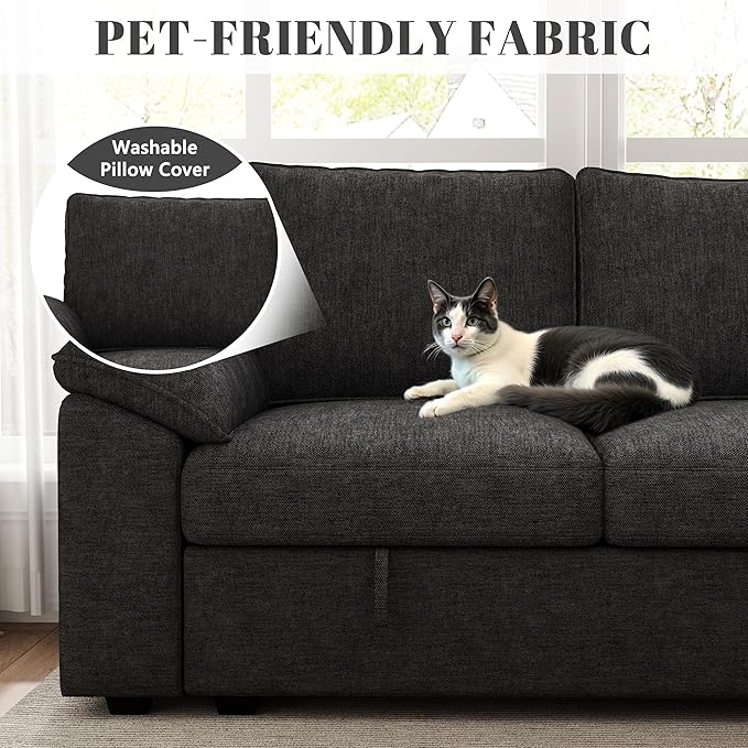 85 Inch Modular Sectional Sofa with Pull Out Bed,L Shaped 5 Seat Sectional Sleeper Sofa with Storage,Sectional Couches for Living Room,Cloud Modular Couch,Removable Sofa Cover,Black