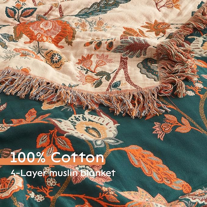 Boho Throw Blanket for Bed 80”x90”, 100% Cotton Woven Blanket for Couch Sofa, Ultra Soft 4-Layer Muslin Quilt with Floral Printed, Farmhouse Bed Blanket/Cover for Living Room Decor