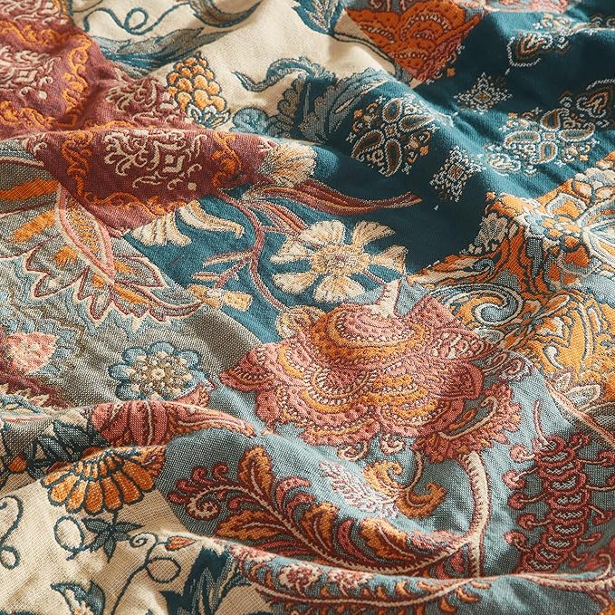 Boho Throw Blanket for Bed 90”x98”, 100% Cotton Woven Blanket for Couch Sofa, Ultra Soft 4-Layer Muslin Quilt with Patchwork Floral Printed, Farmhouse Bed Blanket/Cover for Living Room Decor