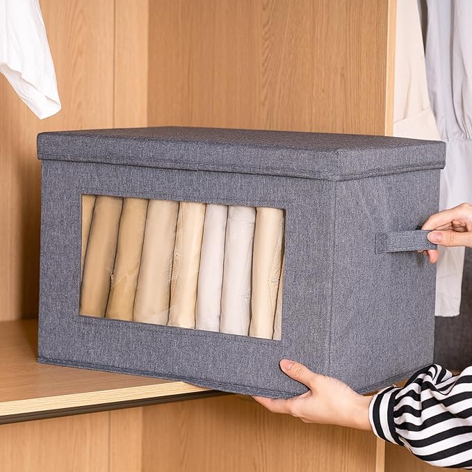 Citylife 3-Pack Collapsible Storage Bins with Lids, Linen Fabric Foldable Storage Boxes, Cube Closet Organization for Clothes, Blankets and Books, Gray