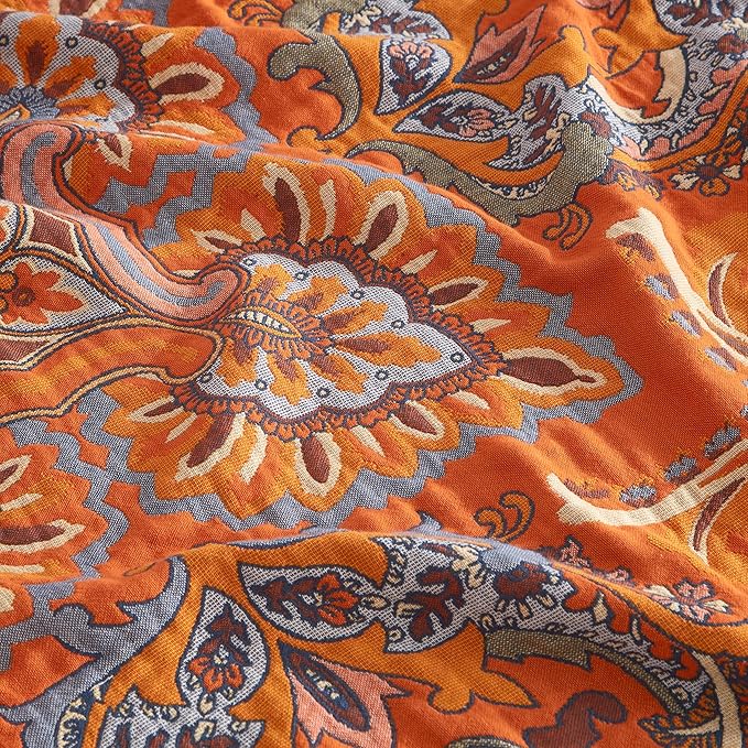 Boho Throw Blanket for Bed 80”x90”, 100% Cotton Woven Blanket for Couch Sofa, Ultra Soft 4-Layer Muslin Quilt with Vintage Floral Printed, Farmhouse Bed Blanket/Cover for Living Room Decor