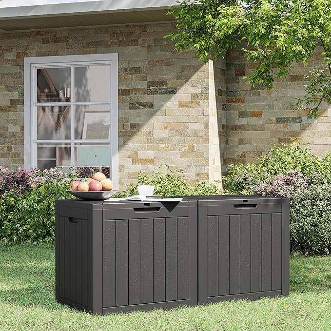 32 Gallon Deck Box Lockable Resin Indoor Outdoor Storage Box waterproof Outdoor Container for Patio Furniture, Pool Accessories, Cushions, Garden Tools, Sports Equipment