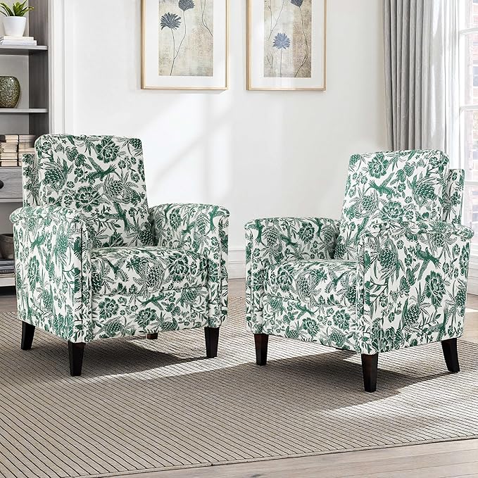 Floral Accent Chair Set of 2, High Back Upholstered Armchair with Solid Wooden Legs, Padded Armrest and Removable Comfortable Cushioned Seat Single Sofa for Living Room, Bedroom, Green