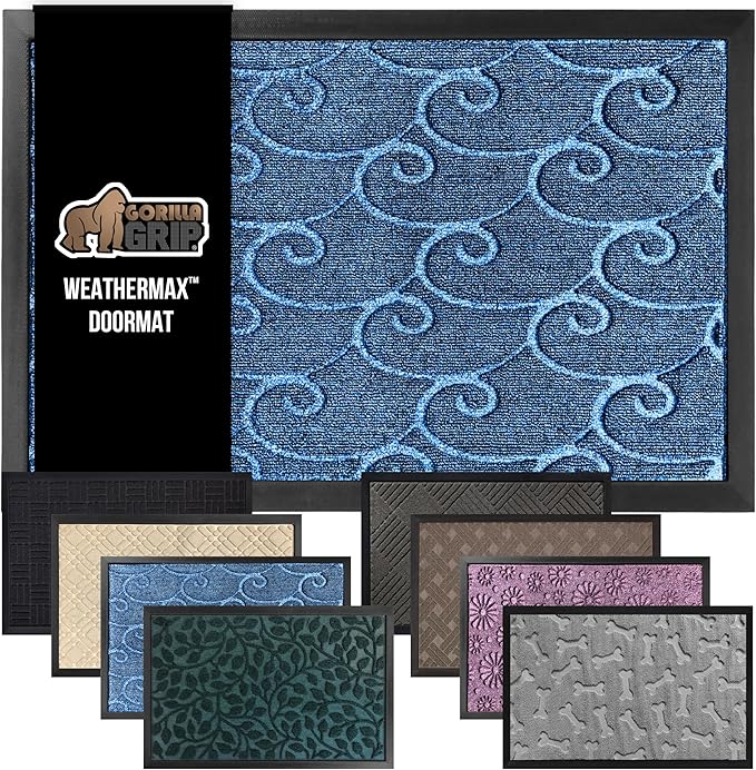 GORILLA GRIP 100% Waterproof All-Season WeatherMax Doormat, US Designed Natural Rubber, Stain and Fade Resistant, Low Profile Indoor Outdoor Door Mats, Easy Clean Patio Mat, 17x29, Ocean Blue Waves