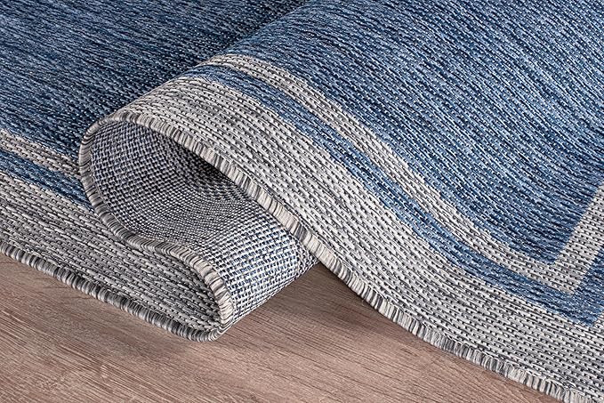 CAMILSON Outdoor Rug, 8x10 Bordered Navy Blue Gray Modern Area Rugs for Indoor and Outdoor Patios, Porches Waterproof Washable Porch Deck Outside Carpet (Bordered Navy, 8 x 10)