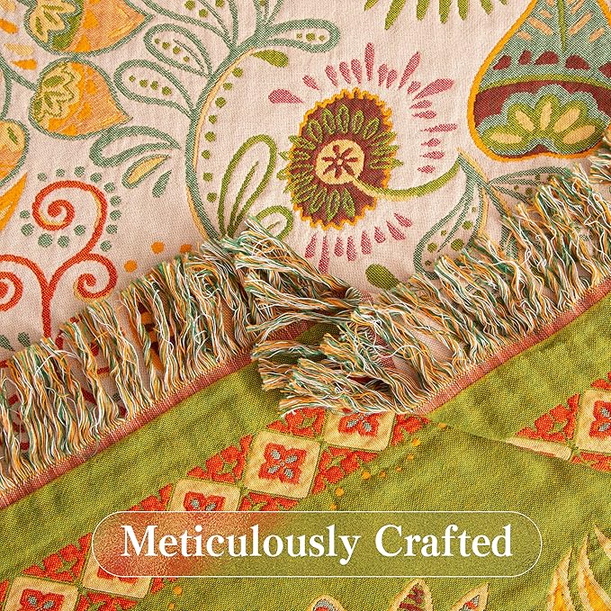 Boho Throw Blanket Queen Size, Oversized Soft Cozy Cotton Muslin Quilt Blanket for Bed Decor, Floral Patterned Couch Sofa Chair Cover, Vintage Farmhouse Cottage Woven Blanket, Coral&Green