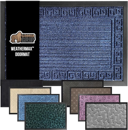 GORILLA GRIP 100% Waterproof All-Season WeatherMax Doormat 35x23, US Designed Natural Rubber, Stain and Fade Resistant, Low Profile Indoor Outdoor Door Mats, Easy Clean Patio Mat, Navy Greek Keys