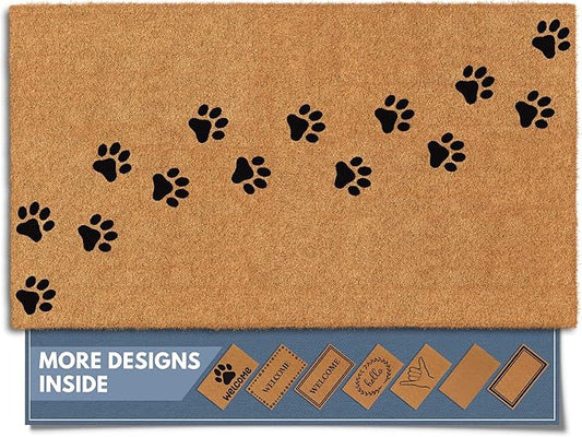 Barnyard Designs Natural Coco Coir Heavy Duty Backing Doormat - Large Cute Non-Slip Front Door Welcome Mat for Outside Entrance or Porch Entry, Brown (17x30, Paws)