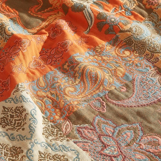 Boho Throw Blanket for Bed 80”x90”, 100% Cotton Woven Blanket for Couch Sofa, Ultra Soft 4-Layer Muslin Quilt with Patchwork Floral Printed, Farmhouse Bed Blanket/Cover for Living Room Decor