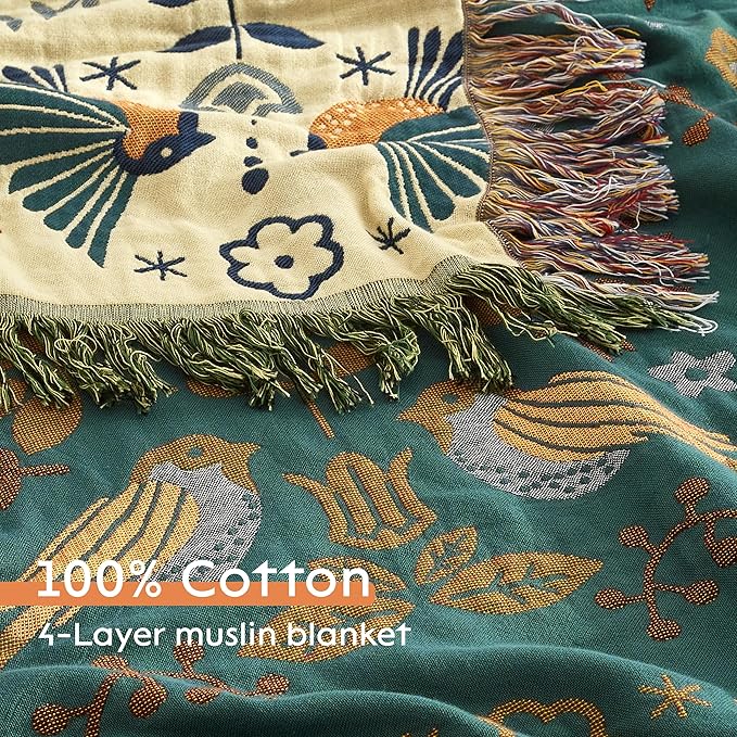 Boho Throw Blanket for Bed 90”x98”, 100% Cotton Woven Blanket for Couch Sofa, Ultra Soft 4-Layer Muslin Quilt with Bird Floral Printed, Farmhouse Bed Blanket/Cover for Living Room Decor