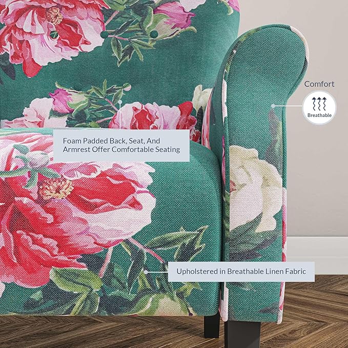 BELLEZE Modern Accent Chair, High Back Armchair, Upholstered Wingback Side Chair, Padded Single Sofa with Wooden Legs for Living Room, Bedroom - Green & Flower